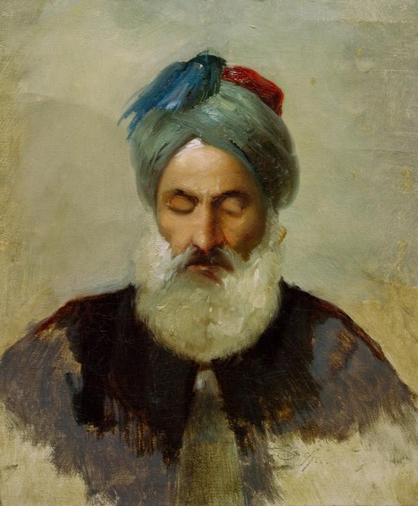 Carl Spitzweg, Kopfstudie eines alten Türken (Deutsche Kunst,Kopfbedeckung,Kunst,Mann,Völkerkunde,Alter,Bart,Turban,Orientalismus,Portrait,Genre,Kopfstudie,Vollbart,Alter Mann,Brustbild,Geschlossene Augen,Islamische Länder,Islamische Welt)