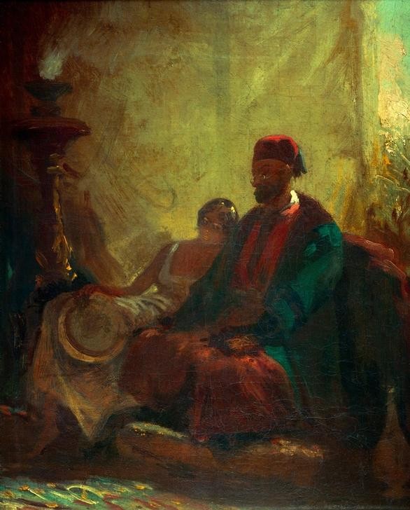 Carl Spitzweg, Im Harem (Deutsche Kunst,Fenster,Frau,Kopfbedeckung,Kunst,Mann,Mensch,Möbel,Tracht,Völkerkunde,Biedermeier,Orientalismus,Harem,Fez (Hut),Interieur,Genre,Paar,Kleidung (Allgemein),Schneidersitz,Sitzen,Räuchergefäss,Inneneinrichtung,Männerleben,Land Und Leute,Islamis)