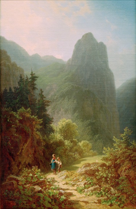 Carl Spitzweg, Bergschüler am Ammergauer Kofel (Deutsche Kunst,Dorfkind,Gebirge,Kind,Kunst,Landschaft,Schulweg,Biedermeier,Schüler,Genre,Felsen,Harmonie,Schulkind,Schülerin,Naturverbundenheit,Arm In Arm,Dorfleben,Pass (Gebirge))