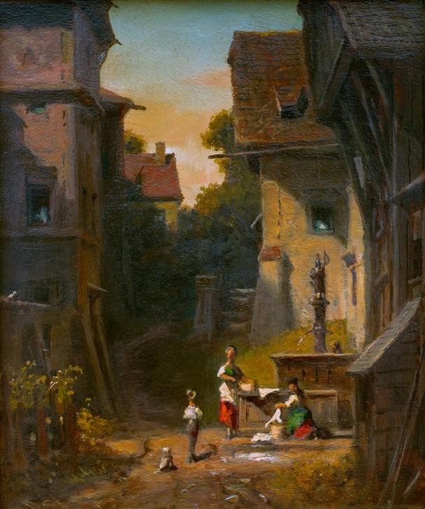 Carl Spitzweg, Am Stadtbrunnen (Arbeit,Deutsche Kunst,Frau,Hausarbeit,Kunst,Strassenszene,Wasserversorgung,Brunnen,Biedermeier,Kleinstadt,Architekturdarstellung,Genre,Heile Welt,Wäsche,Kommunikation,Stadtleben,Kleinstadtleben,Wäscherin)