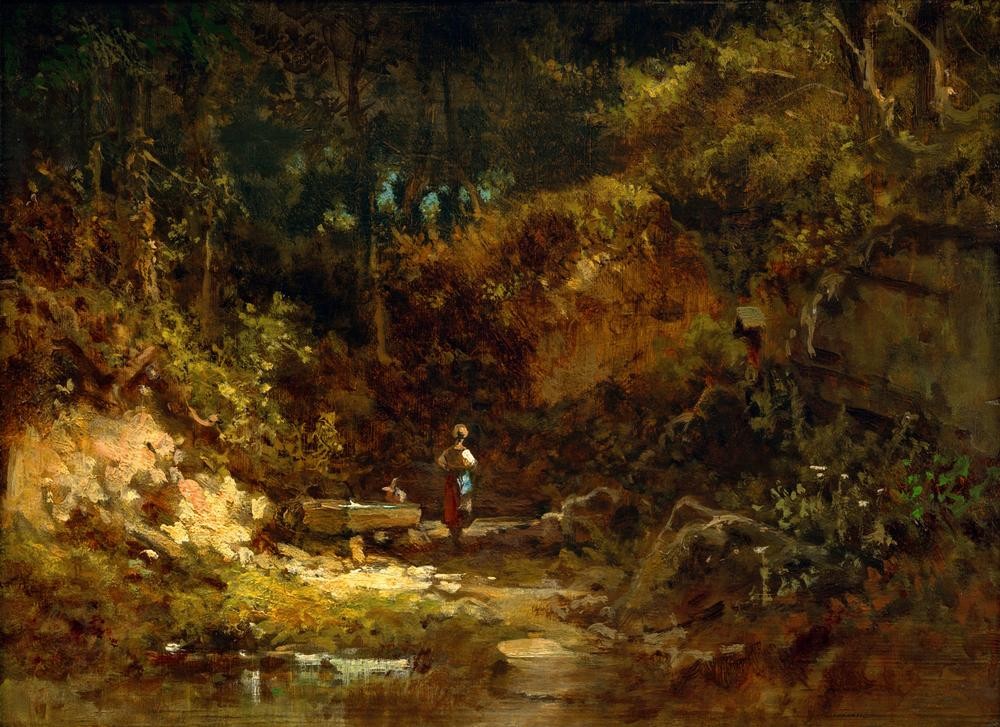 Carl Spitzweg, Mädchen am Waldbrunnen (Deutsche Kunst,Frau,Kunst,Landschaft,Mädchen,Wasser,Brunnen,Wald,Laubwald,Biedermeier,Quelle,Einsamkeit,Junge Frau,Naturverbundenheit)