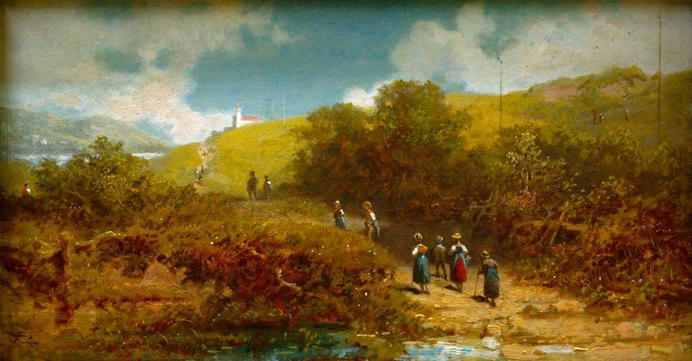 Carl Spitzweg, Kirchgang auf dem Lande (Christentum,Deutsche Kunst,Jahr Und Kalender,Kirche,Kunst,Landschaft,Religion,Wochentage,Sonntag,Biedermeier,Kirchgang,Fussweg,Genre,Fussgänger,Landleben,3. Gebot,Fussgängerin,Du Sollst Den Feiertag Heiligen,Land Und Leute)