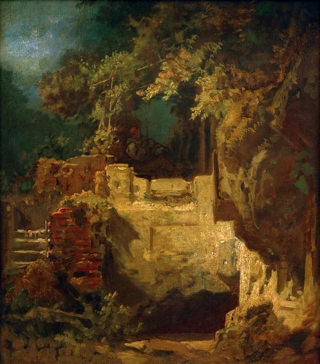 Carl Spitzweg, Geigender Eremit in Felsenklause (Christentum,Deutsche Kunst,Gebirge,Geiger,Kirche,Kunst,Landschaft,Mann,Musik,Religion,Pergola,Geige,Biedermeier,Eremit,Einsamkeit,Genre,Felsen,Einsiedelei,Idylle,Weltflucht,Höhlenwohnung)