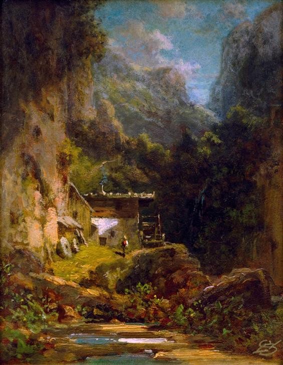 Carl Spitzweg, Mühle in Waldschlucht mit einer Figur (Deutsche Kunst,Gebirge,Kunst,Landschaft,Mühle,Wassermühle,Schlucht)