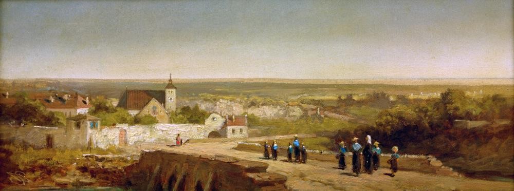 Carl Spitzweg, Heimkehrende Institutsmädchen (Ausflug,Deutsche Kunst,Dorf,Kind,Kunst,Landschaft,Mädchen,Pädagogik,Schulausflug,Schule,Spaziergang,Biedermeier,Mädchenschule,Ebene,Genre,Heimkehr,Kinderleben,Schülerin,Lyzeum,Rückkehr,Wandertag)