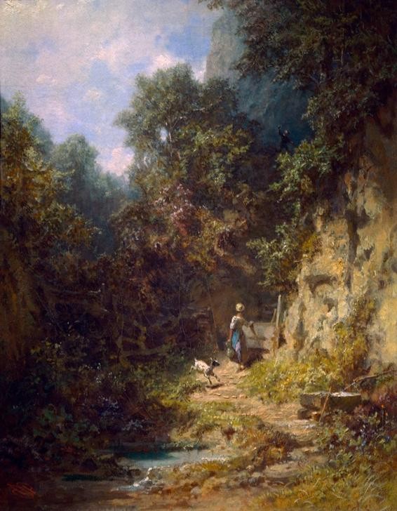 Carl Spitzweg, Mädchen mit Ziege, dem ein Jägersmann zuwinkt (Deutsche Kunst,Jäger,Kunst,Landschaft,Wald,Ziege,Biedermeier,Winken,Genre,Landleben,Junge Frau)