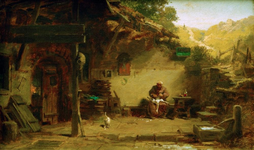 Carl Spitzweg, Alter Mönch, vor seiner Klause eine Gans rupfend (Deutsche Kunst,Katholische Kirche,Kirche,Kunst,Mann,Religion,Biedermeier,Mönch,Gans (Zoologie),Geflügel,Eremit,Einsamkeit,Genre,Einsiedelei,Federrupfen,Männerleben,Alleinstehender)