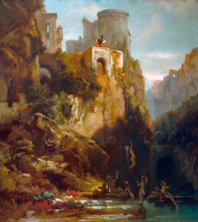 Carl Spitzweg, Nixenfang (Angeln (Sport),Burg (Bauwerk),Deutsche Kunst,Erotik,Kunst,Landschaft,Märchen,Mann,Mythologie,Traum,Fabelwesen,Parodie,Nixe,Schlucht,Einsamkeit,Liebestraum,Sexualität,Volksglaube,Fischfang)