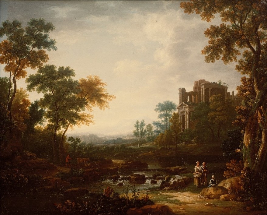 Willem van Bemmel, Landschaft mit Ruinen und Figurenstaffagen (Kunst,Landschaft,Ruine,Barock,Fluss,Baum,Niederländische Kunst,Baumgruppe,Laubbaum)