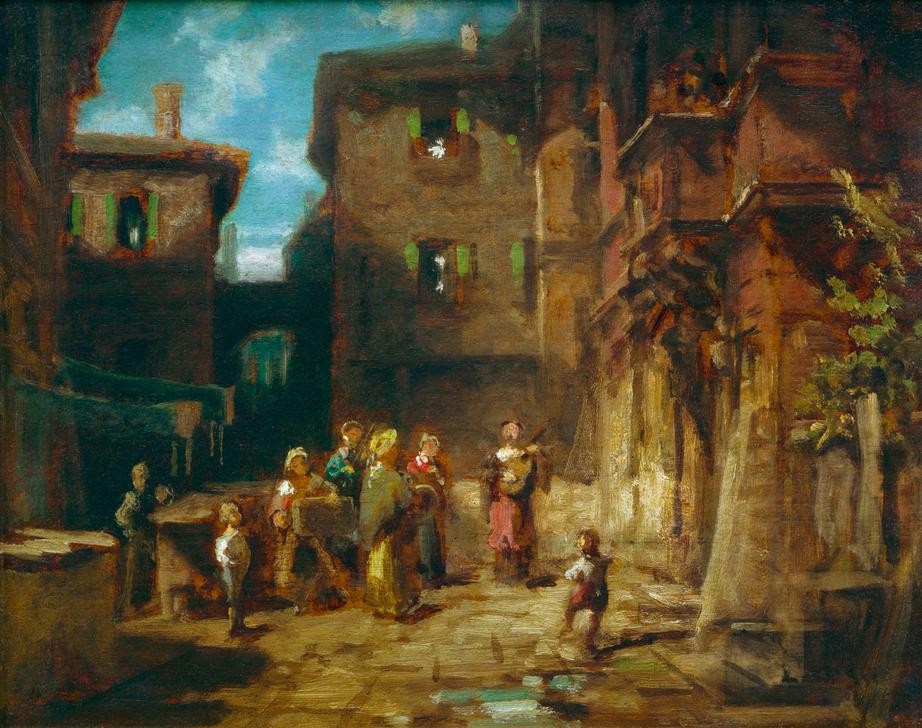 Carl Spitzweg, Straßenmusikanten (Deutsche Kunst,Fahrendes Volk,Gesellschaft,Kunst,Musik,Strasse (Allgemein),Strassenszene,Volkskunde,Biedermeier,Kleinstadt,Strassenmusikant,Genre,Im Freien (Allgemein),Strassenmusik,Stadtleben,Kleinstadtleben)