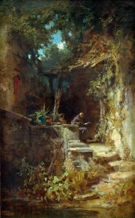 Carl Spitzweg, Lesender Klausner (Buch,Deutsche Kunst,Katholische Kirche,Kirche,Kunst,Leser,Mann,Religion,Biedermeier,Lesen (Allgemein),Mönch,Eremit,Einsamkeit,Genre,Einsiedelei,Im Freien (Allgemein),Männerleben,Alleinstehender)