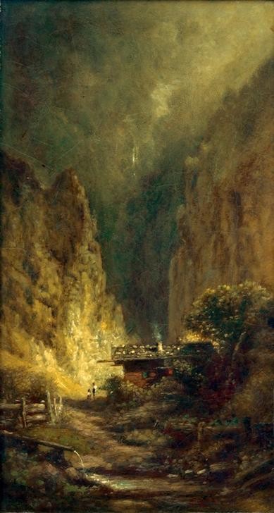 Carl Spitzweg, Mühle vor Felsenschlucht mit zwei Figuren (Deutsche Kunst,Gebirge,Kunst,Landschaft,Mühle,Wassermühle,Genre)