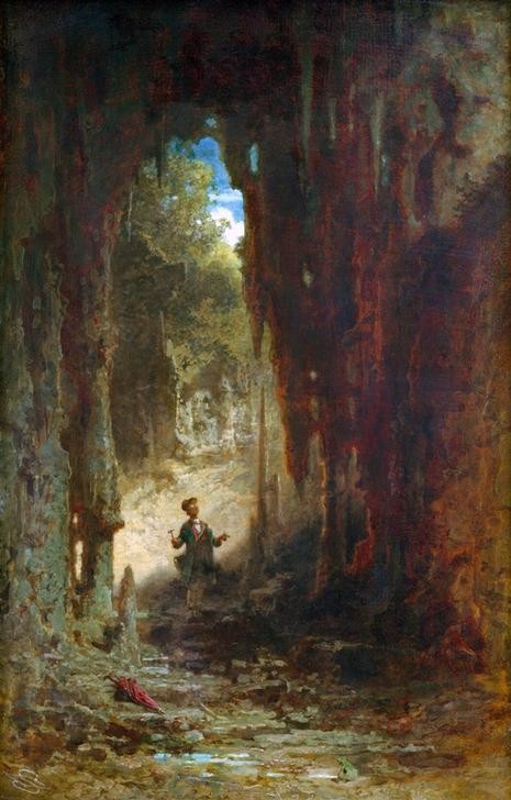Carl Spitzweg, Der Mineraloge in der Grotte (Beruf,Deutsche Kunst,Naturwissenschaftler,Geologie,Kunst,Landschaft,Mann,Mineraloge,Naturwissenschaft,Biedermeier,Höhle,Forscher,Mineralogie,Grotte,Genre,Staunen,Schirmmütze,Geologe,Speläologie,Tropfstein,Sammeln,Person,Sammler,Exkursion)