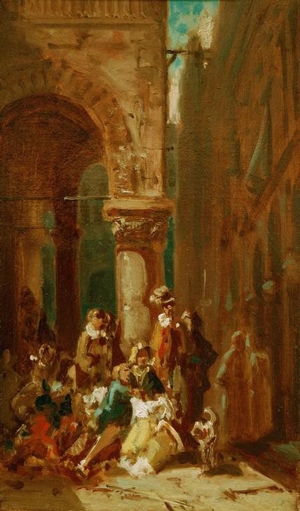 Carl Spitzweg, Fahrendes Volk: Schauspieler an der Loggia dei Lanzi in Flo (Deutsche Kunst,Fahrendes Volk,Gruppenbild,Kunst,Rast,Schauspielerin,Schauspieler,Strassenszene,Theater,Strassentheater Etc. Wanderbühne,Biedermeier,Loggia,Genre,Schauspieltruppe)
