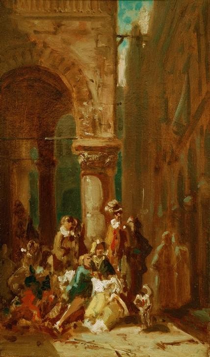 Carl Spitzweg, Fahrendes Volk: Schauspieler an der Loggia dei Lanzi in Flo (Deutsche Kunst,Fahrendes Volk,Gruppenbild,Kunst,Rast,Schauspielerin,Schauspieler,Strassenszene,Theater,Strassentheater Etc. Wanderbühne,Biedermeier,Loggia,Genre,Schauspieltruppe)