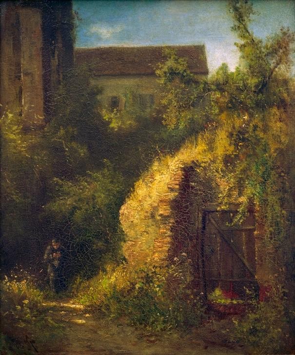 Carl Spitzweg, Strickender Mönch an alter Kasematte (Deutsche Kunst,Kunst,Landschaft,Stadtmauer,Stricken,Biedermeier,Mönch,Genre,Stadtgraben,Kasematten)