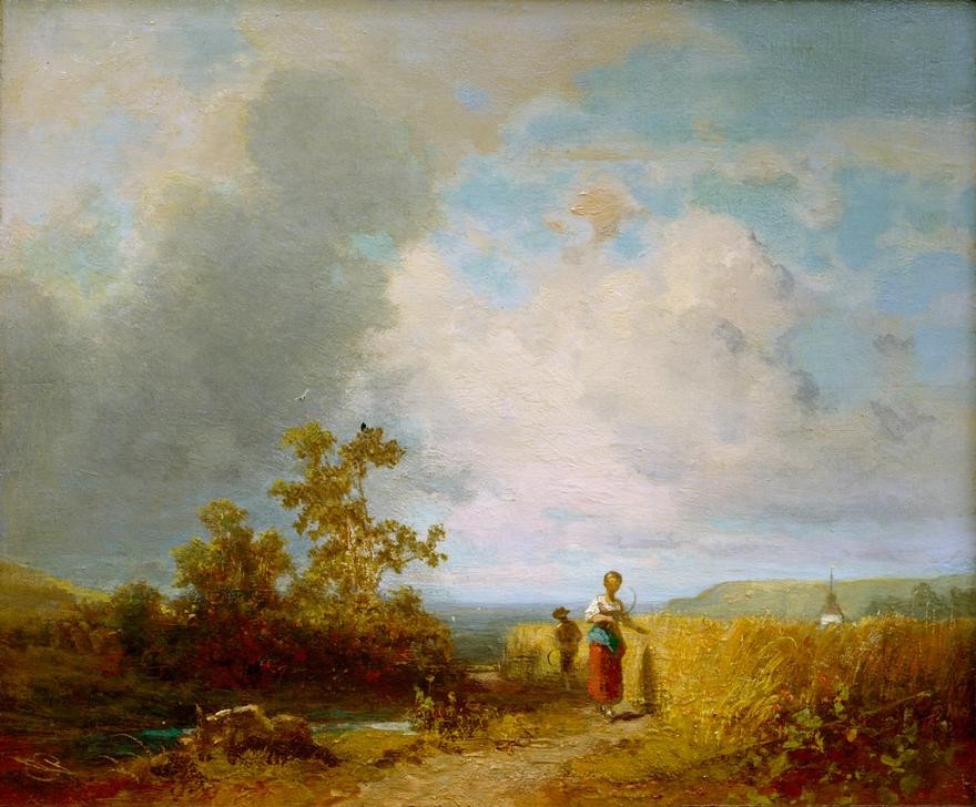 Carl Spitzweg, Schnitter bei der Ernte (Arbeit,Deutsche Kunst,Ernte,Frau,Getreideanbau,Kunst,Landschaft,Biedermeier,Getreide,Bäuerin,Genre,Getreidefeld,Schnitterin,Landwirtschaft)