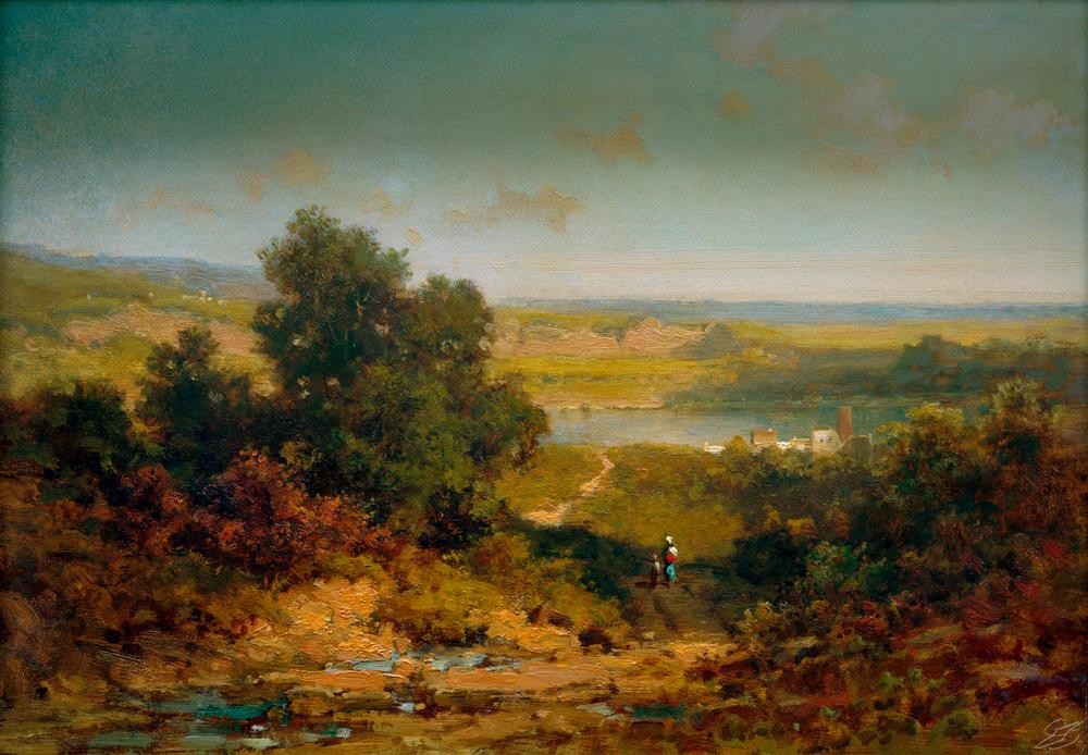 Carl Spitzweg, Landschaft mit Dorf und Fluß (Deutsche Kunst,Dorf,Kunst,Landschaft,Fluss,Baum,Ebene)