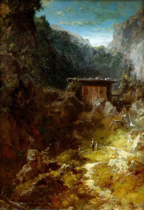 Carl Spitzweg, Mühle im Gebirge mit drei Figuren (Deutsche Kunst,Gebirge,Kunst,Landschaft,Mühle,Wassermühle)