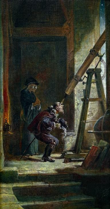 Carl Spitzweg, Der Astrologe (Astronom,Astrologie,Astronomie,Deutsche Kunst,Fernrohr,Astrologe,Naturwissenschaftler,Geschichte,Karikatur,Kunst,Mann,Naturwissenschaft,Optik,Wissenschaft,Biedermeier,Wissenschaftler,Genre,Staunen,Historienmalerei,Sternwarte)