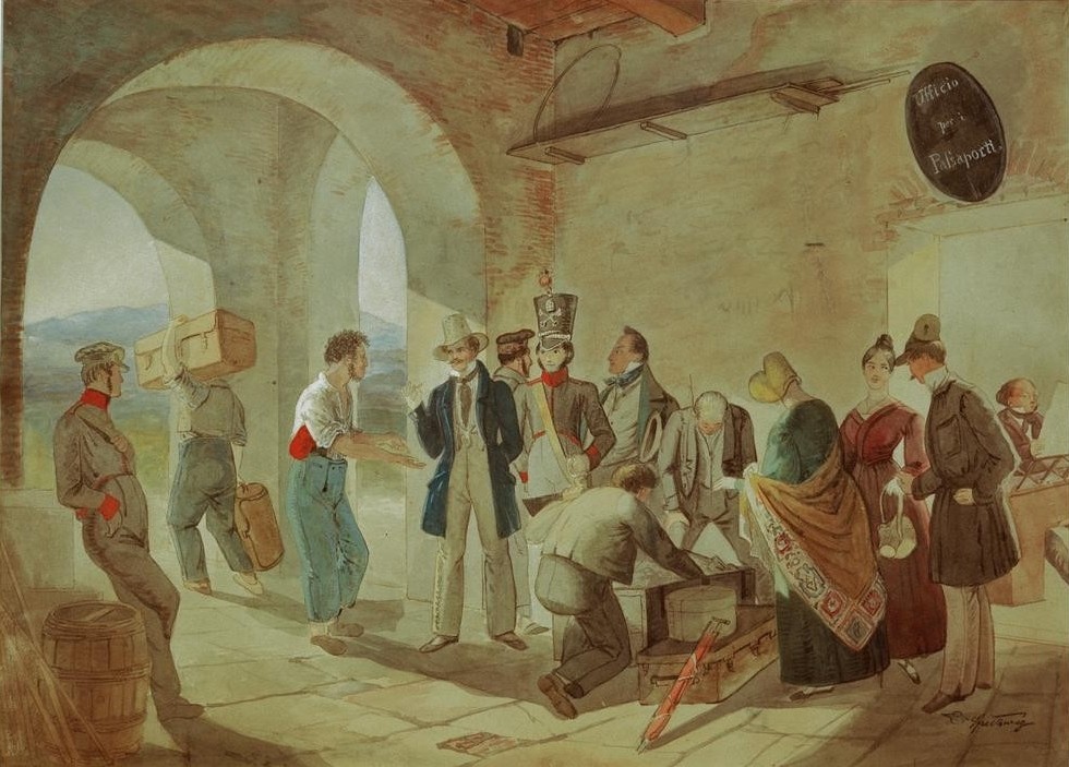 Carl Spitzweg, Beim Zoll (Deutsche Kunst,Finanzwesen,Koffer,Zoll,Biedermeier,Reise,Gepäck,Durchsuchung,Zollbeamter,Reisegruppe,Reisende,Reisegepäck,Zollamt)