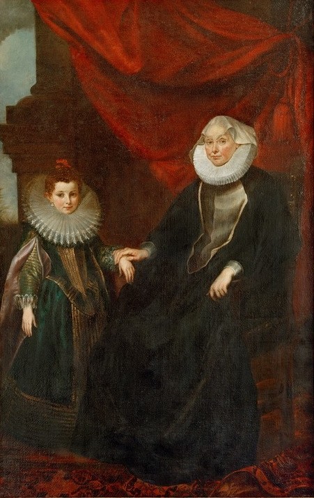 Peter Paul Rubens, Alte Dame mit jungem Mädchen (Flämische Kunst,Frau,Kind,Kunst,Mädchen,Mensch,Barock,Portrait,Adel,Nichte,Halskrause,Niederländische Kunst,Sitzen,Alte Frau,Tante,Doppelportrait,Patrizierin,Ganzfigurig,Faltenwurf,Radkragen)