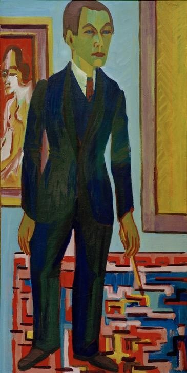 Ernst Ludwig Kirchner, Stehender Maler. Selbstporträt (Bildhauer,Deutsche Kunst,Grafiker,Kunst,Maler (Künstler),Mann,Selbstbildnis,Portrait,Expressionismus,Die Brücke,Privatsammlung,Person)