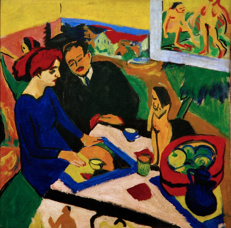 Ernst Ludwig Kirchner, Doris und Heckel am Tisch (Besuch,Deutsche Kunst,Essen Und Trinken,Künstlerleben,Künstler,Kunst,Nachmittagskaffee,Tafelsitten,Genussmittel,Expressionismus,Die Brücke,Paar,Gedeckter Tisch,Skulptur Im Bild,Nachmittagstee,Unterhaltung (Gespräch))