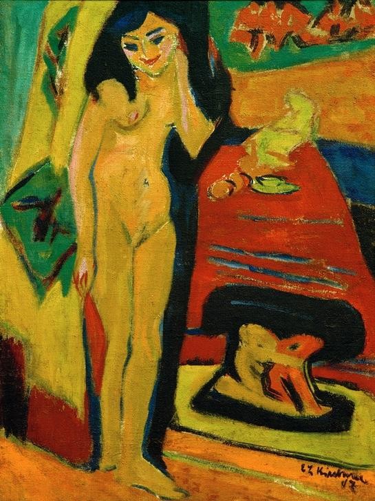 Ernst Ludwig Kirchner, Nacktes Mädchen hinter Vorhang (Fränzi) (Deutsche Kunst,Frau,Kunst,Mädchen,Akt,Portrait,Expressionismus,Die Brücke,Lächeln,Vorhang,Mimik,Ganzfigurig,Signatur)