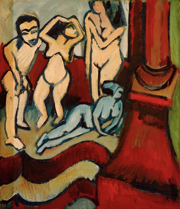 Ernst Ludwig Kirchner, Vier Holzplastiken (Deutsche Kunst,Frau,Gruppenbild,Kunst,Akt,Expressionismus,Interieur,Die Brücke,Abstraktion,Skulptur Im Bild)