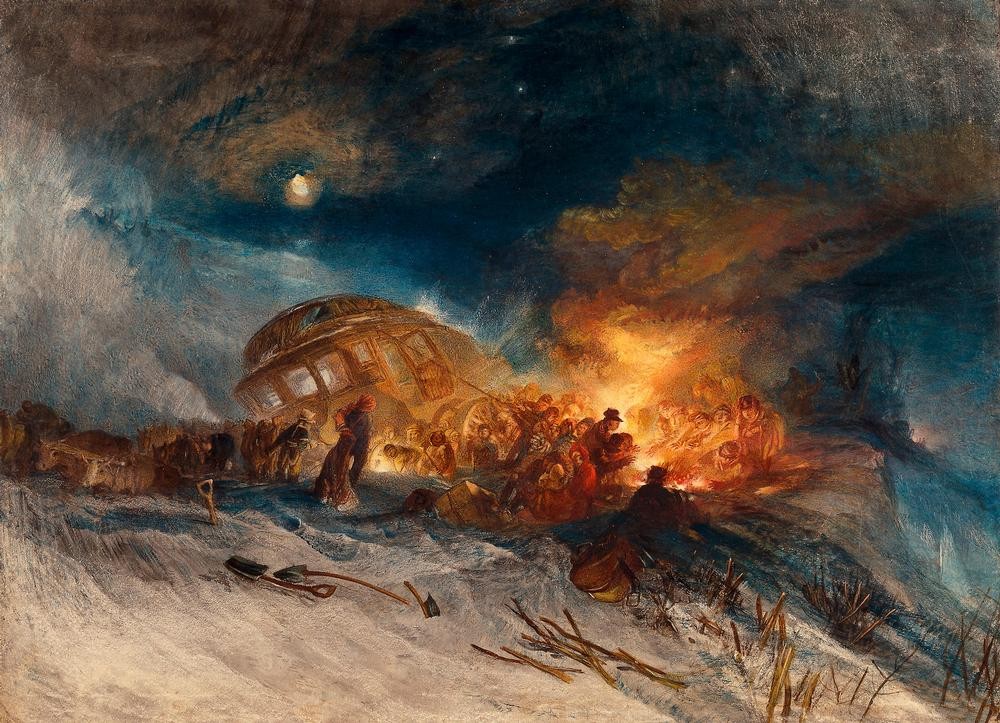 JOSEPH MALLORD WILLIAM TURNER, Messieurs les voyageurs on their return from Italy (par la (Feuer,Gebirge,Künstlerleben,Kutsche,Kunst,Meteorologie,Pferdewagen,Postkutsche,Verkehr,Wetter,Tageszeiten,Nacht,Schnee,Reise,Alpenüberquerung,Lagerfeuer,Schneesturm,Englische Kunst,Abenteuer,Künstlerreise,Romantik,Sturm,Vier Elemente)