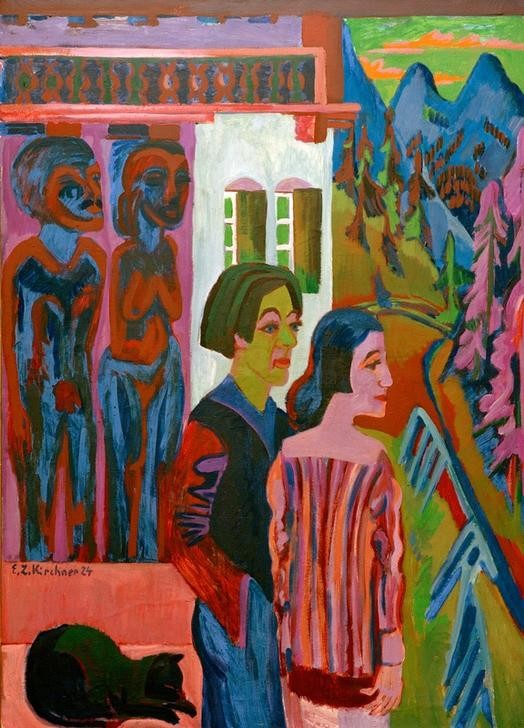 Ernst Ludwig Kirchner, Vor Sonnenaufgang (Bildhauer,Deutsche Kunst,Ehepaar,Grafiker,Katze (Tier),Kunst,Maler (Künstler),Selbstbildnis,Expressionismus,Künstlerfrau,Sonnenaufgang,Die Brücke,Haustier,Paar,Wilde Ehe,Doppelportrait,Skulptur Im Bild,Person)