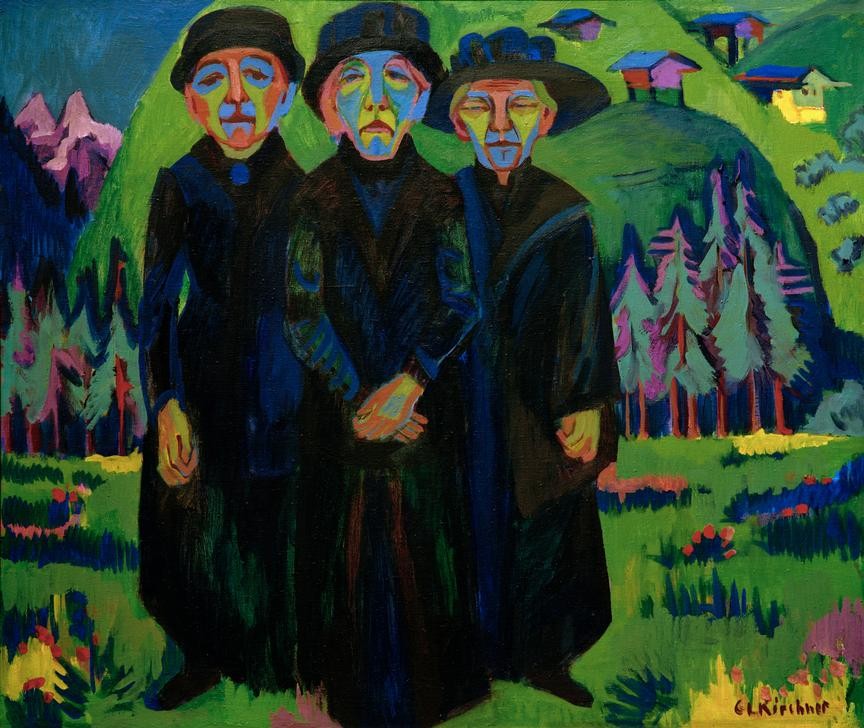 Ernst Ludwig Kirchner, Die drei alten Frauen (Deutsche Kunst,Frau,Gruppenbild,Kunst,Landschaft,Lebensalter,Witwe,Alter,Expressionismus,Die Brücke,Trauerkleidung,Alte Frau,Berg)