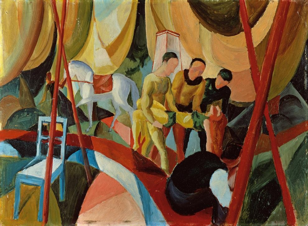 August Macke, Zirkus (Deutsche Kunst,Fahrendes Volk,Gesellschaft,Kunst,Pferd (Tier),Szene,Unfall,Zirkus (Theater),Expressionismus,Der Blaue Reiter,Arbeitsunfall,Sturz,Manege,Kunstreiterin)