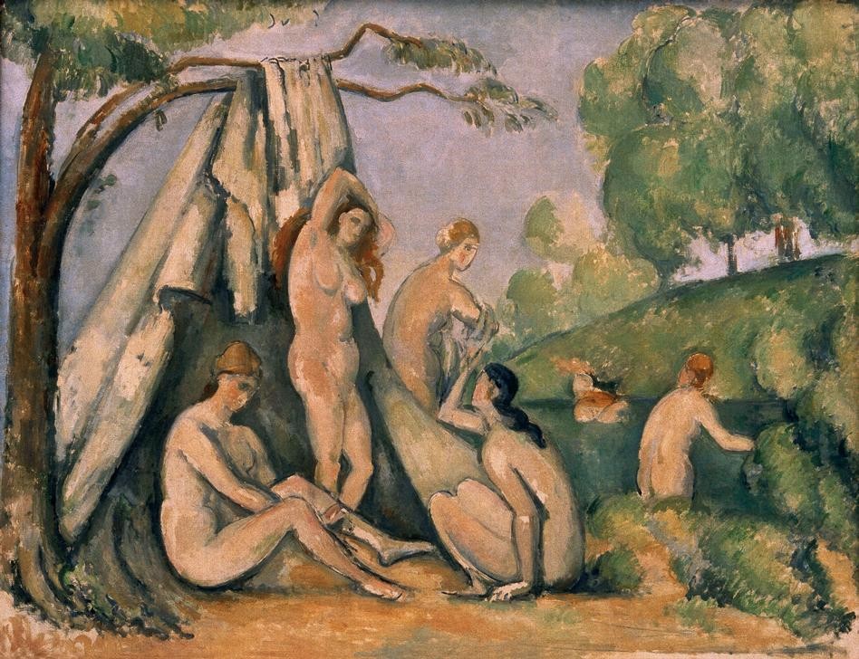 Paul Cézanne, Baigneuses devant la tente (Körperpflege,Bad Im Freien,Bad,Frau,Kunst,Landschaft,Freizeit,Zelt,Impressionismus,Akt,Französische Kunst,Im Freien (Allgemein),Frauenleben)