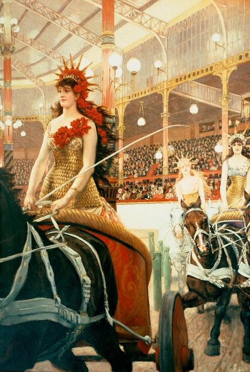 James Tissot (Jacques-Joseph), The Ladies of the Cars (Arena,Fahrendes Volk,Gesellschaft,Kunst,Pferd (Tier),Wagenrennen,Zirkus (Theater),Realismus,Peitsche,Französische Kunst,Hippodrom,Manege,Zweispänner,Wagenlenkerin)