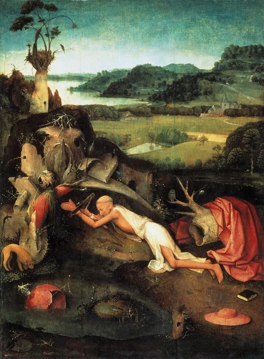 Hieronymus Bosch, Der Heilige Hieronymus im Gebet (Christentum,Gebet,Heilige,Kunst,Landschaft,Religion,Kirchenvater,Eremit,Phantastische Kunst,Niederländische Kunst,Busse)