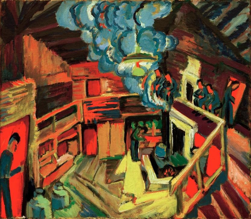 Ernst Ludwig Kirchner, Alte Sennhütte (Architektur,Deutsche Kunst,Feuer,Kunst,Hütte,Blockhaus,Expressionismus,Interieur,Die Brücke,Alm,Rauch,Innenansicht,Sennerei)