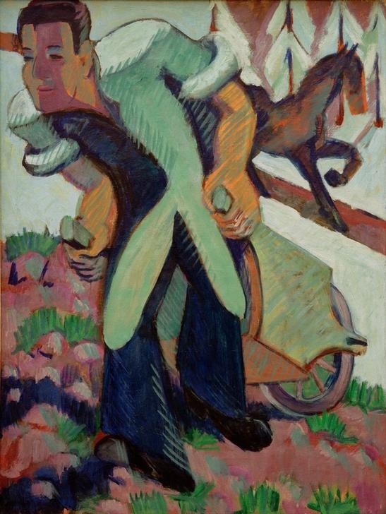 Ernst Ludwig Kirchner, Bauer, einen Schubkarren ziehend (Arbeit,Bauer (Landwirt),Deutsche Kunst,Expressionismus,Bäuerin,Schubkarre,Die Brücke,Landwirtschaft)