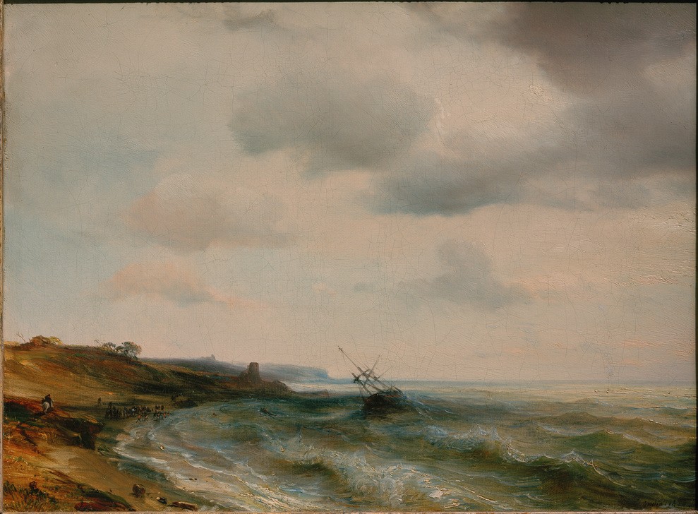 Theodore Gudin, Meeresküste mit gestrandetem Schiff  (Landschaft, Meer, Meeressbris, Wellen, Sturm, Küste, Schiffsbruch, Klassiker, Wunschgröße, Wohnzimmer, Malerei)