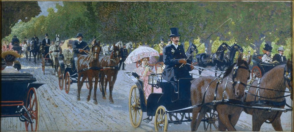 Maximilian Lenz, Spazierfahrt im Prater (Corso,Frau,Geographie,Gesellschaftliches Leben,Gesellschaft,Kutsche,Kunst,Pferd (Tier),Pferdewagen,Verkehr,Grossstadt,Kutscher,Österreichische Kunst,Wohlstand,Spazierfahrt,Eleganz,Jahrhundertwende,Junge Frau,Topographie,Sehen Und Gesehenwerden)