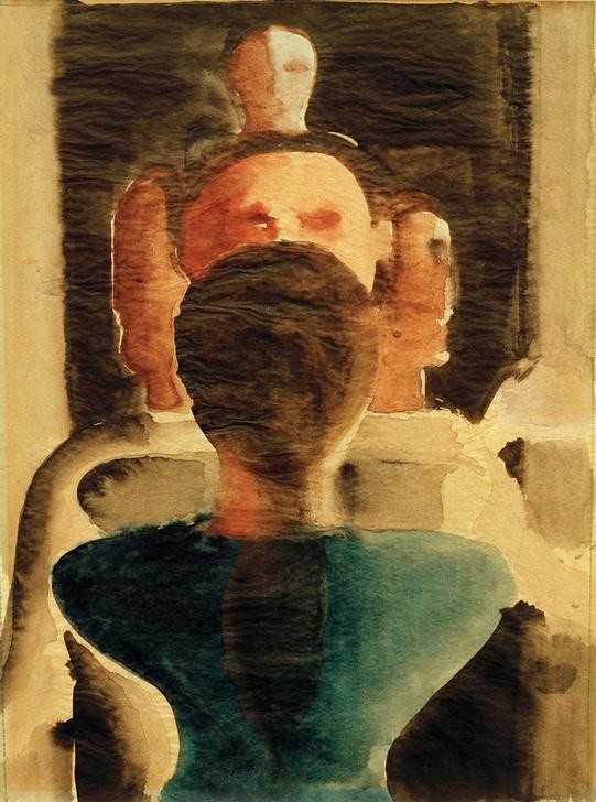 Oskar Schlemmer, Konzentrische Gruppe mit weiblicher Rückenfigur (Bauhaus,Deutsche Kunst,Frau,Gruppenbild,Kunst,Mann,Rückenfigur)