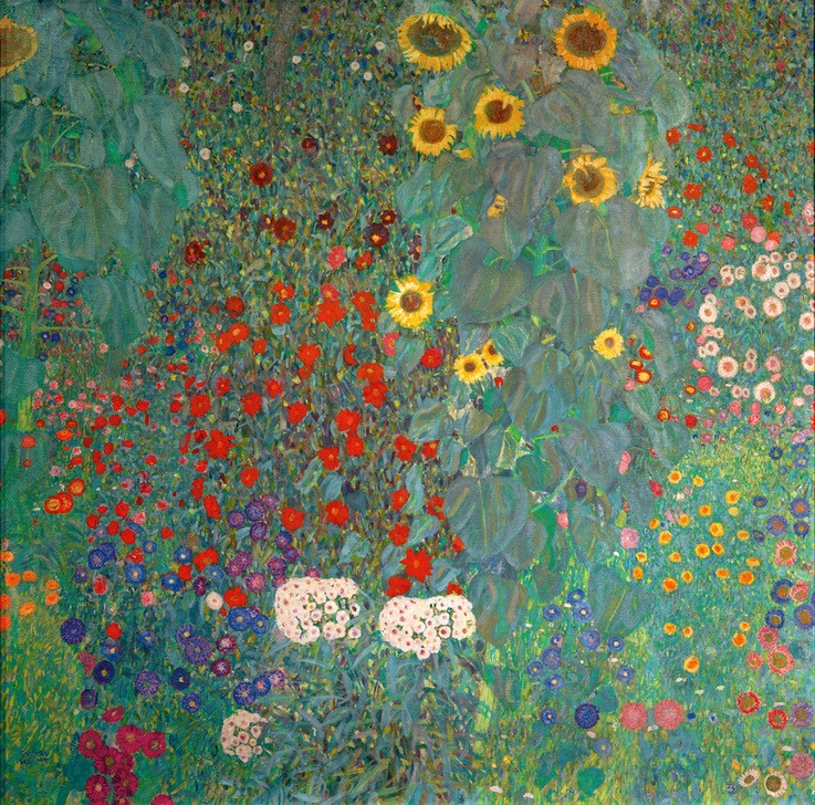 Gustav Klimt, Bauerngarten mit Sonnenblumen  (Klassische Moderne, Natur, Jugendstil, Blumen, Blüten, Blumengarten, bunt, Wohnzimmer, Treppenhaus, Schlafzimmer, Malerei, Wunschgröße)