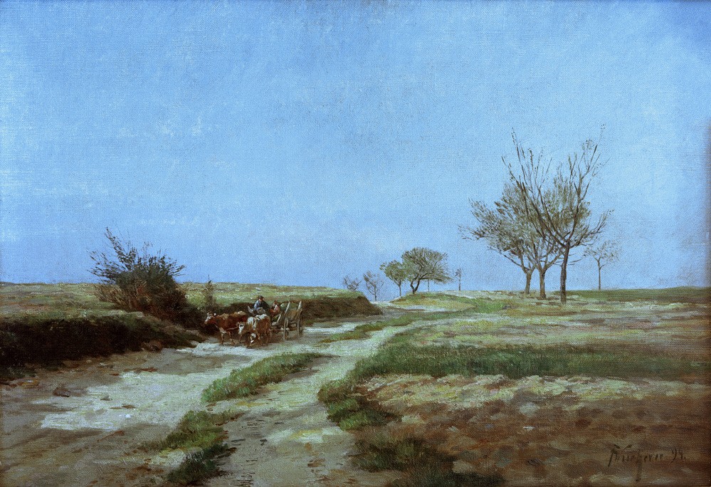 Fritz Wucherer, Frühjahrsstimmung (Deutsche Kunst,Jahreszeiten,Kunst,Landschaft,Strasse (Allgemein),Verkehr,Frühling,Feldweg,Kronberger Malerkolonie,Ochsenkarren)