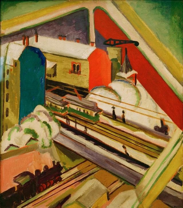 Ernst Ludwig Kirchner, Wannseebahn, durch das Atelierfenster gesehen (Deutsche Kunst,Eisenbahn,Kunst,Strassenbahn,Verkehr,Expressionismus,Architekturdarstellung,Blick Aus Dem Fenster,Die Brücke)