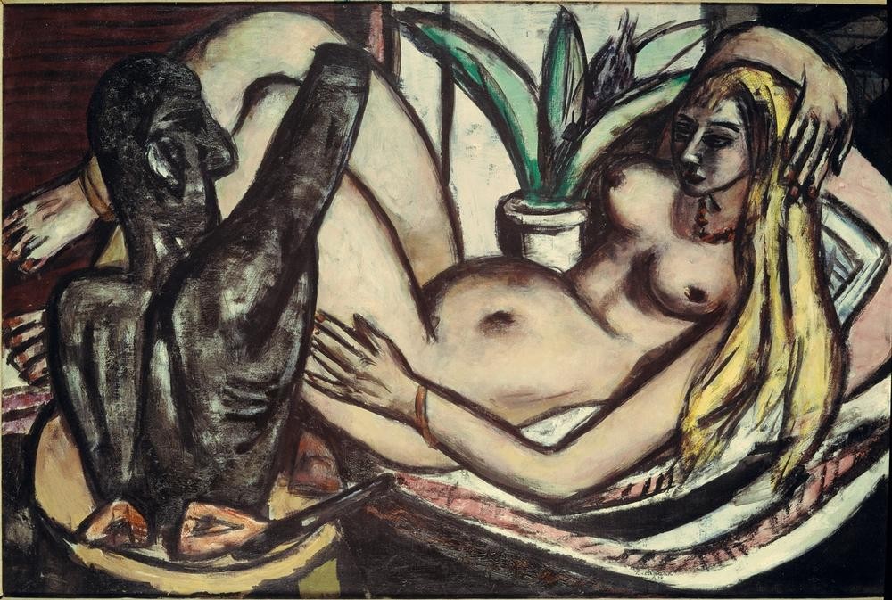 Max Beckmann, Olympia (Aktmalerei, liegende Frau, Expressionismus, Klassische Moderne, Malerei, Wohnzimmer, Treppenhaus, Wunschgröße, bunt)