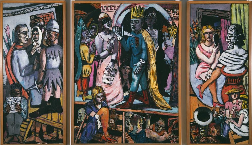 Max Beckmann, Schauspieler (Menschen, Künstler, Schauspieler, persönlichkeiten, Triptychon, Expressionismus, Klassische Moderne, Malerei, Wohnzimmer, Treppenhaus, Wunschgröße, bunt)