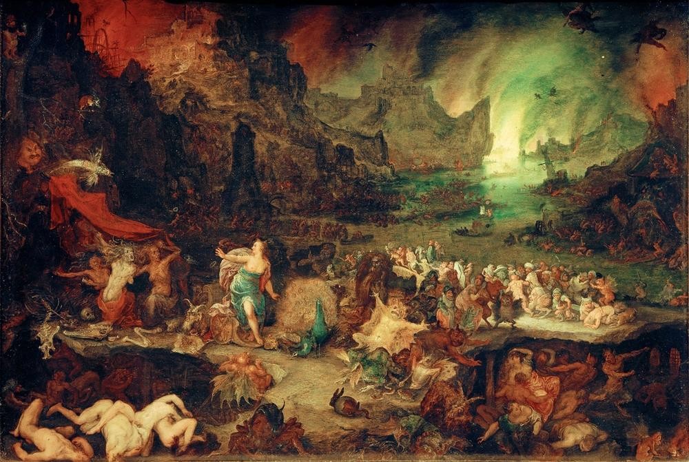 Jan Brueghel der Ältere, Juno in der Unterwelt (Mythologie, Göttin, Pfau, Dämonen, Hölle, Jenseitsvorstellungen, Unterwelt, Höllenfahrt, Höllenfeuer, Barock, Klassiker, Malerei, Wunschgröße, Wohnzimmer, bunt)