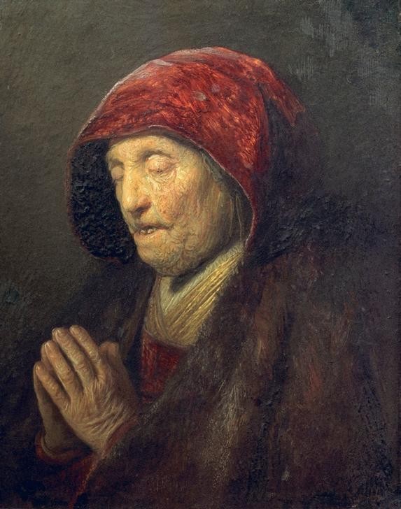 Rembrandt Harmenszoon van Rijn, Betende alte Frau (Christentum,Frau,Gebet,Kunst,Lebensalter,Religion,Alter,Barock,Schleier,Tugend,Hand,Portrait,Mutter Von Berühmten,Mutter,Helldunkel,Niederländische Kunst,Holländische Kunst,Frömmigkeit,Händefalten,Alte Frau,Brustbild,Geschlossene Augen,Falten (Physiognomi)