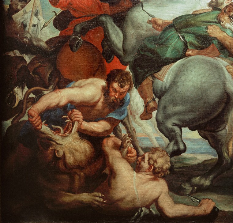 Peter Paul Rubens, Tigerund Leopardenjagd (Flämische Kunst,Jäger,Jagd,Kraftmensch,Löwe (Tier),Tierarten,Reiter,Barock,Kampf Zwischen Mensch Und Tier,Grosswildjäger,Kopie,Kampf,Raubkatze,Raubtier,Kraft,Aufbäumen,Schimmel (Pferd),Ausschnitt)